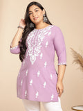Janasya Straight Cambric Lavender Embroidered Round Neck Tunic