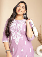 Janasya Straight Cambric Lavender Embroidered Round Neck Tunic