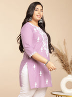Janasya Straight Cambric Lavender Embroidered Round Neck Tunic