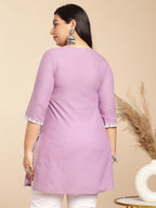Janasya Straight Cambric Lavender Embroidered Round Neck Tunic