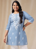Janasya Regular Cambric Blue Embroidered Round Neck Tunic