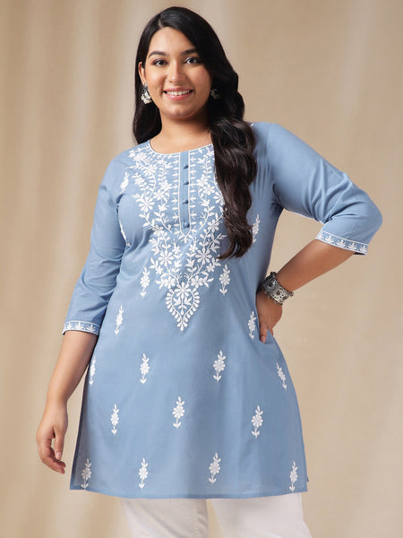 Janasya Regular Cambric Blue Embroidered Round Neck Tunic
