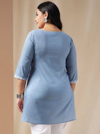 Janasya Regular Cambric Blue Embroidered Round Neck Tunic