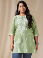 Janasya Regular Cambric Sage Embroidered Round Neck Tunic