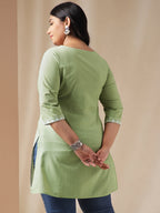 Janasya Regular Cambric Sage Embroidered Round Neck Tunic