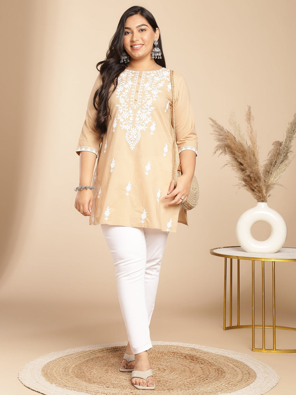 Janasya Straight Cambric Cream Embroidered Round Neck Tunic