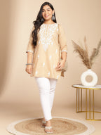 Janasya Straight Cambric Cream Embroidered Round Neck Tunic