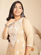 Janasya Straight Cambric Cream Embroidered Round Neck Tunic