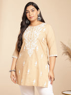 Janasya Straight Cambric Cream Embroidered Round Neck Tunic