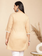 Janasya Straight Cambric Cream Embroidered Round Neck Tunic