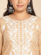 Janasya Straight Cambric Cream Embroidered Round Neck Tunic