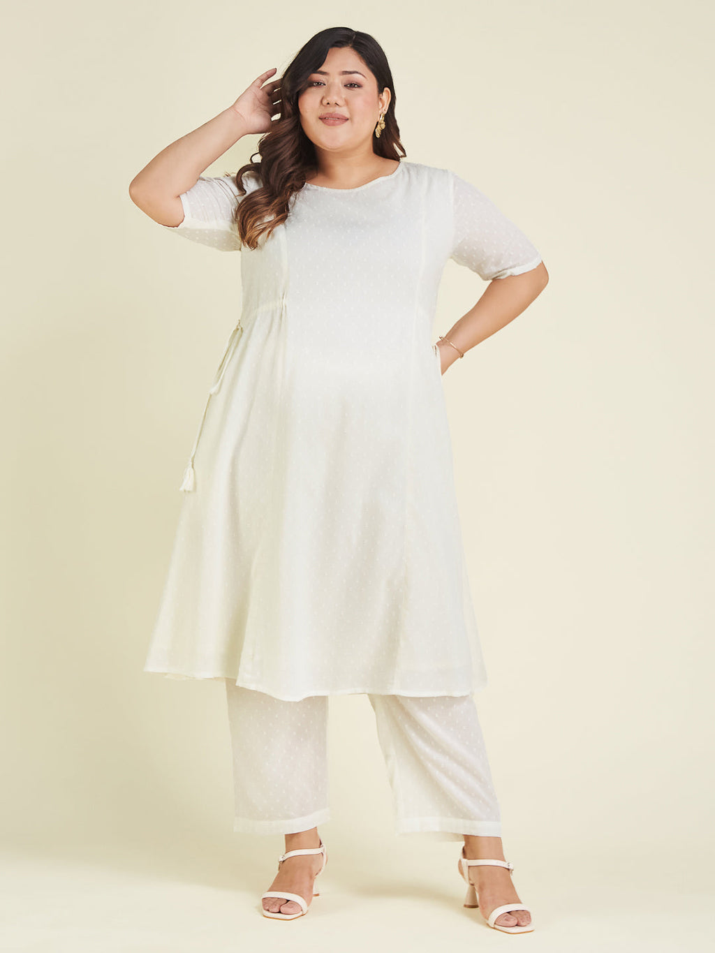 Janasya Light Dobby Cotton Self Design A-Line Kurta Set - Distacart