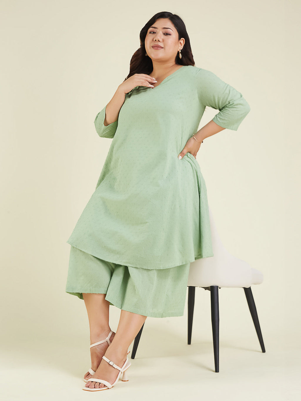Janasya Light Dobby Cotton Self Design A-Line Top & Bottom Set - Distacart