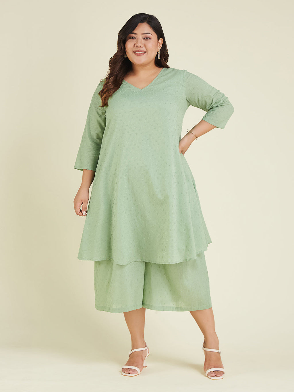 Janasya Light Dobby Cotton Self Design A-Line Top & Bottom Set - Distacart