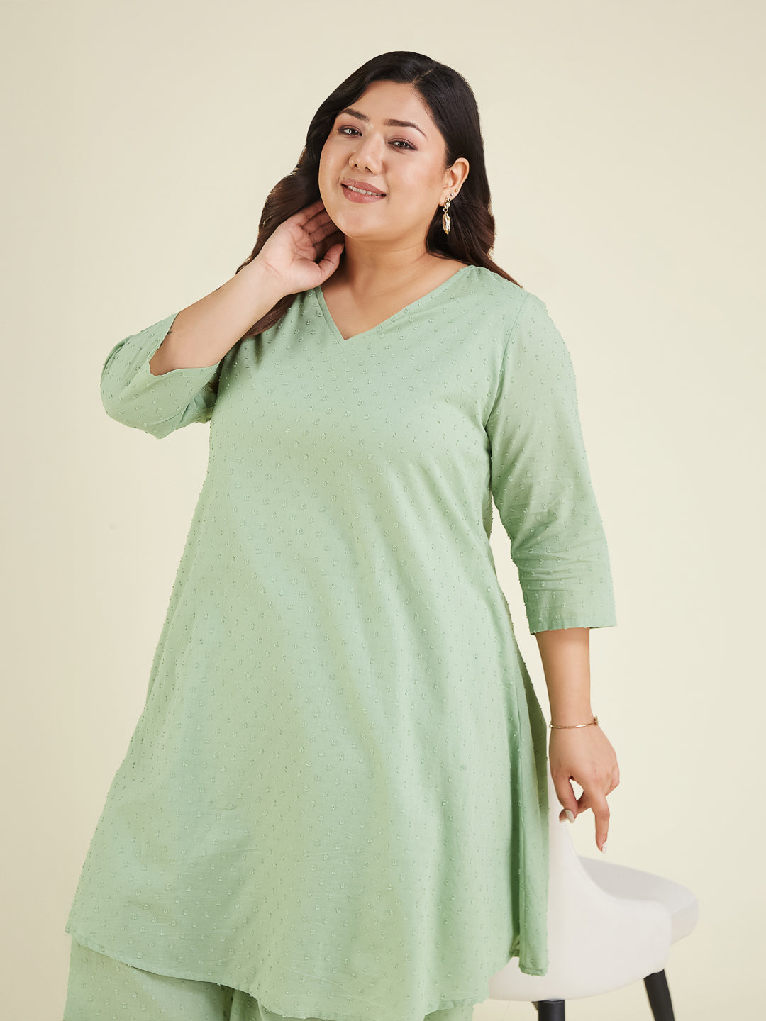 Janasya Light Dobby Cotton Self Design A-Line Top & Bottom Set - Distacart