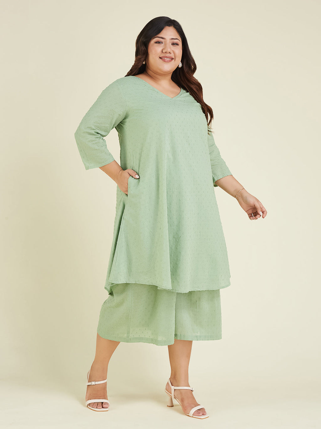 Janasya Light Dobby Cotton Self Design A-Line Top & Bottom Set - Distacart