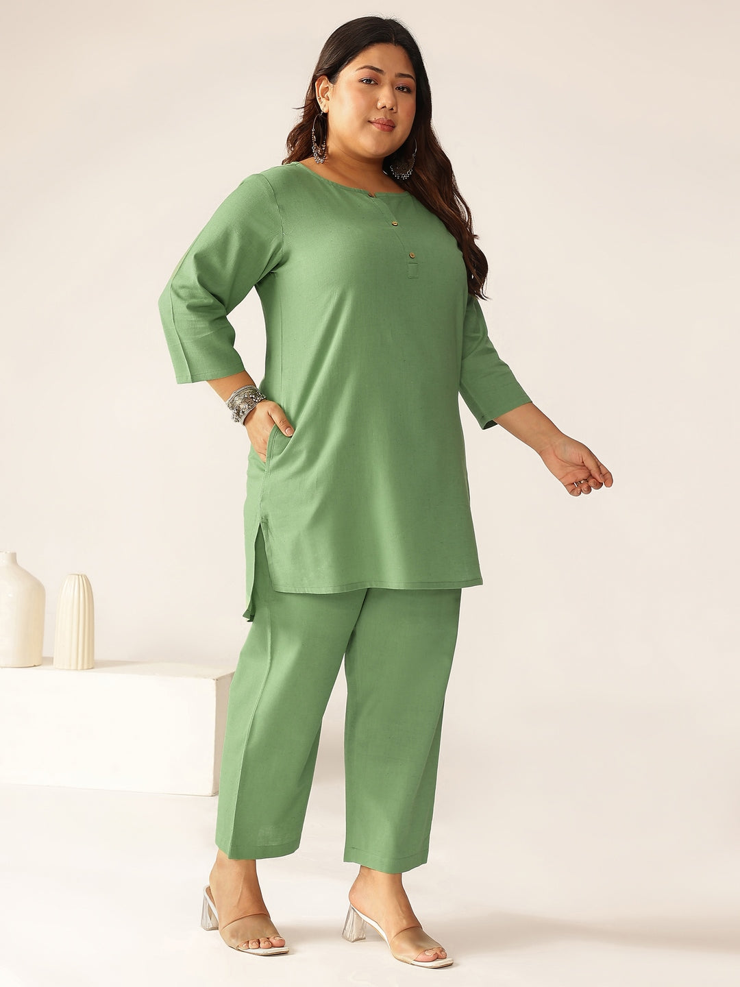 Janasya Dark Cotton Solid A-Line Top & Bottom Set - Distacart