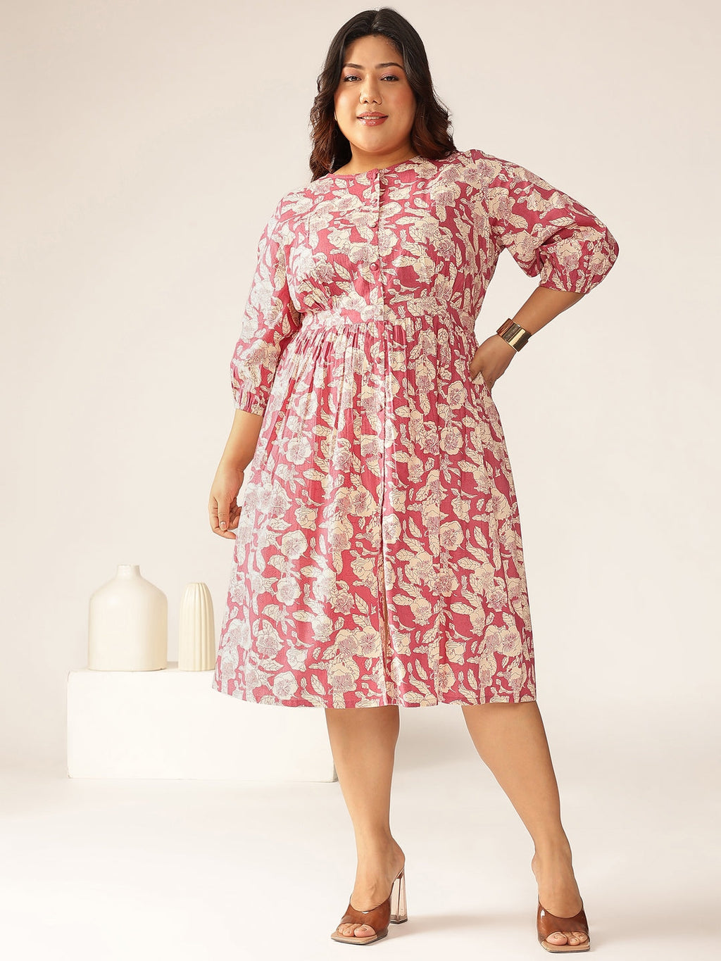 Janasya Dark Cotton Floral Gathered Dress - Distacart