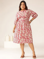 Janasya Dark Cotton Floral Gathered Dress - Distacart