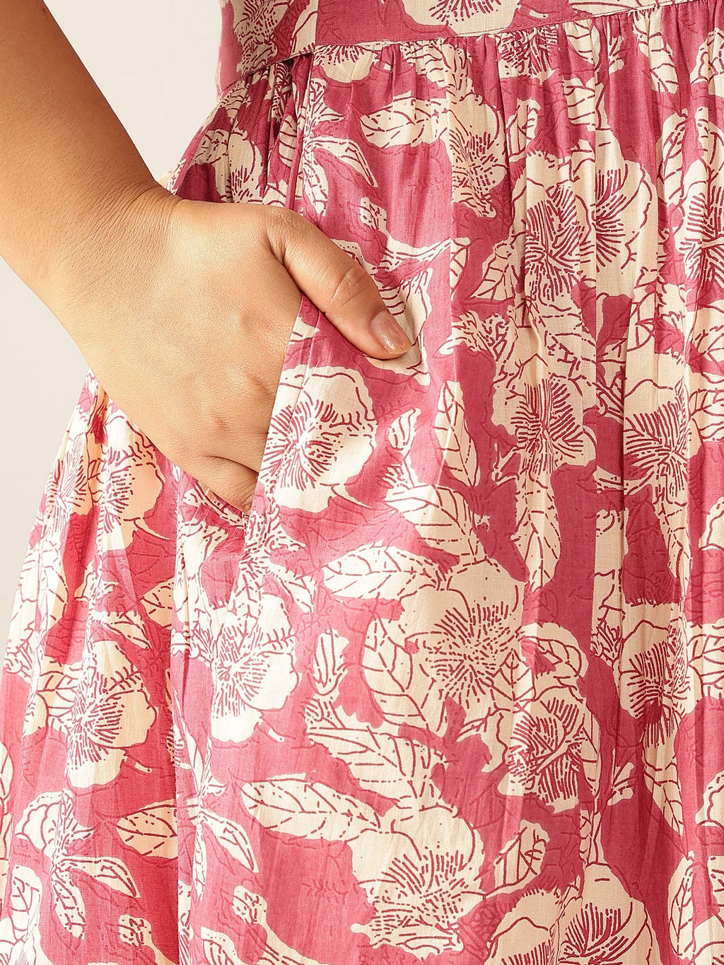 Janasya Dark Cotton Floral Gathered Dress - Distacart