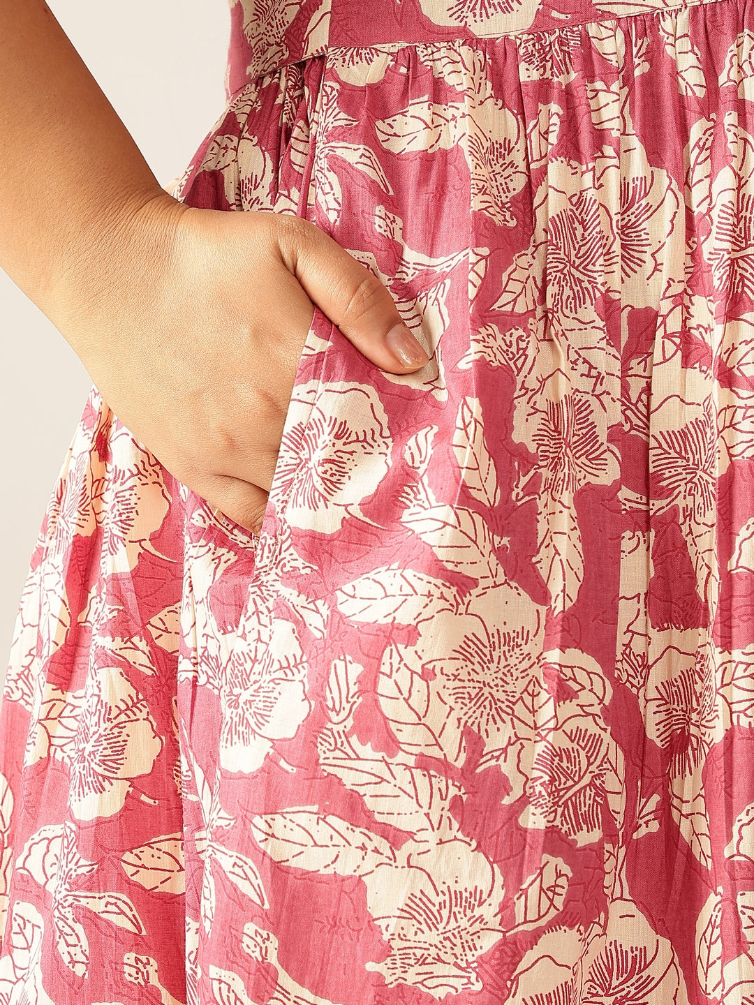 Janasya Dark Cotton Floral Gathered Dress - Distacart