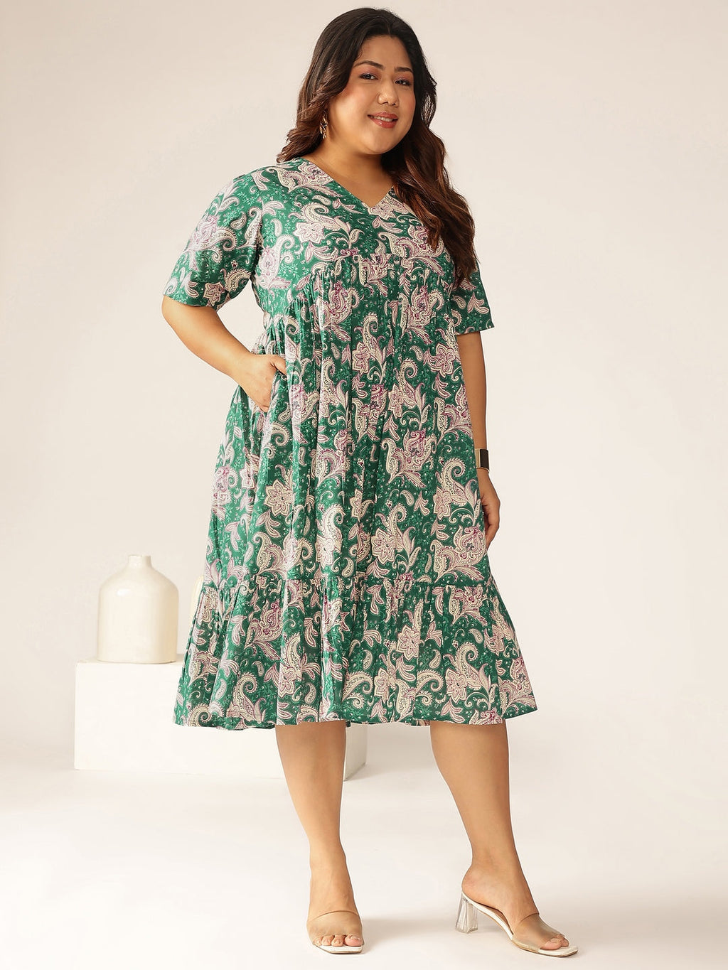Janasya Dark Cotton Floral Tiered Dress - Distacart