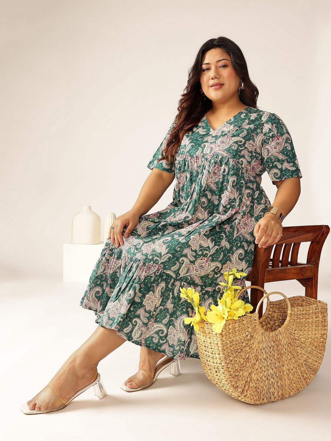 Janasya Dark Cotton Floral Tiered Dress - Distacart
