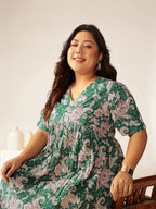 Janasya Dark Cotton Floral Tiered Dress - Distacart