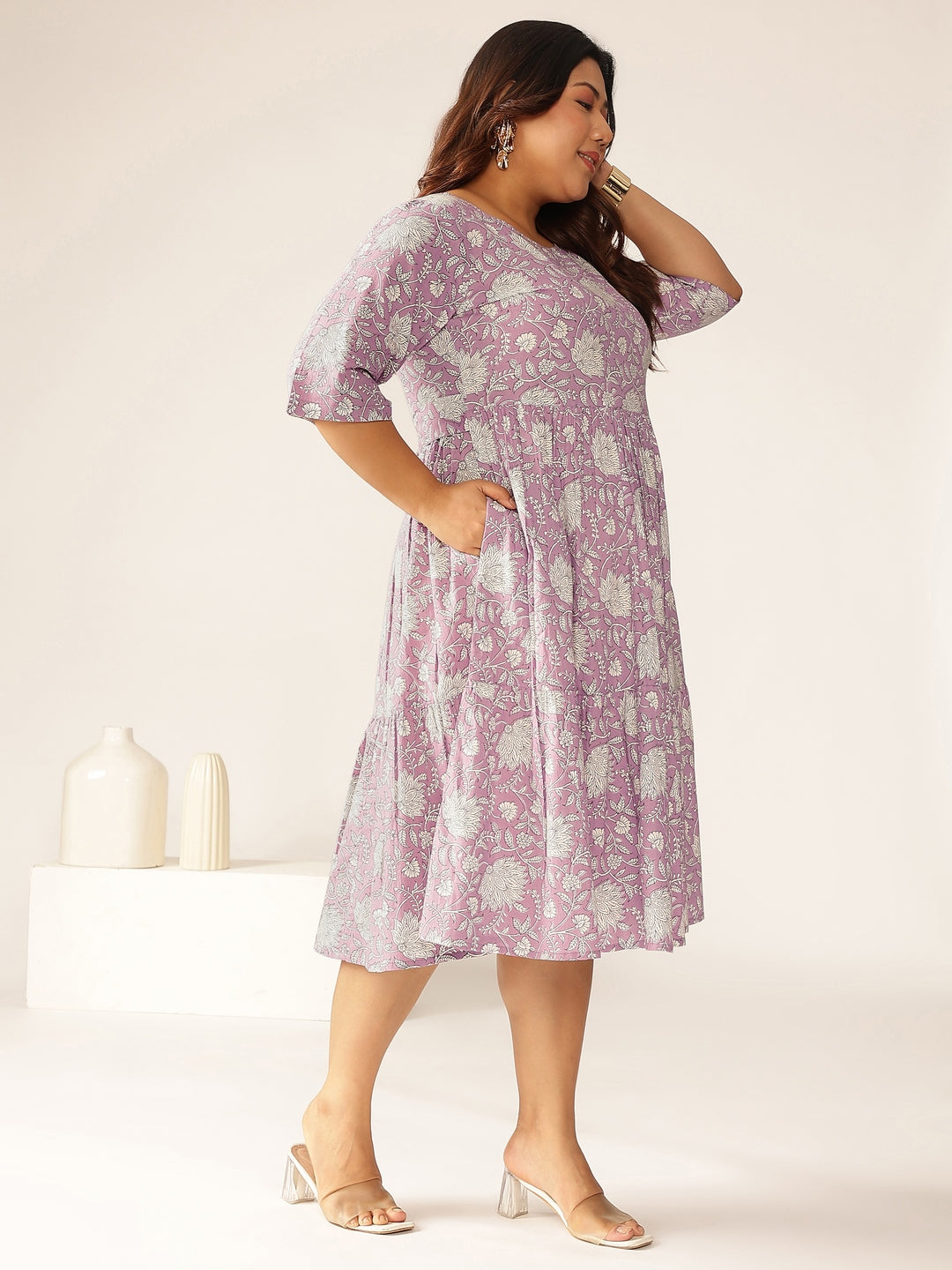 Janasya Light Cotton Floral Tiered Dress - Distacart