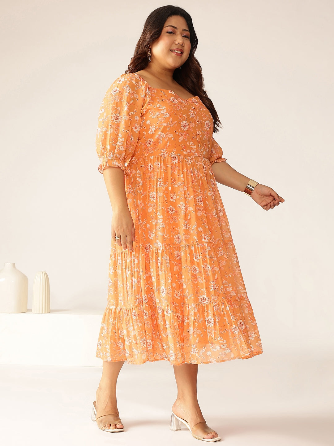 Janasya Bright Georgette Floral Tiered Dress - Distacart