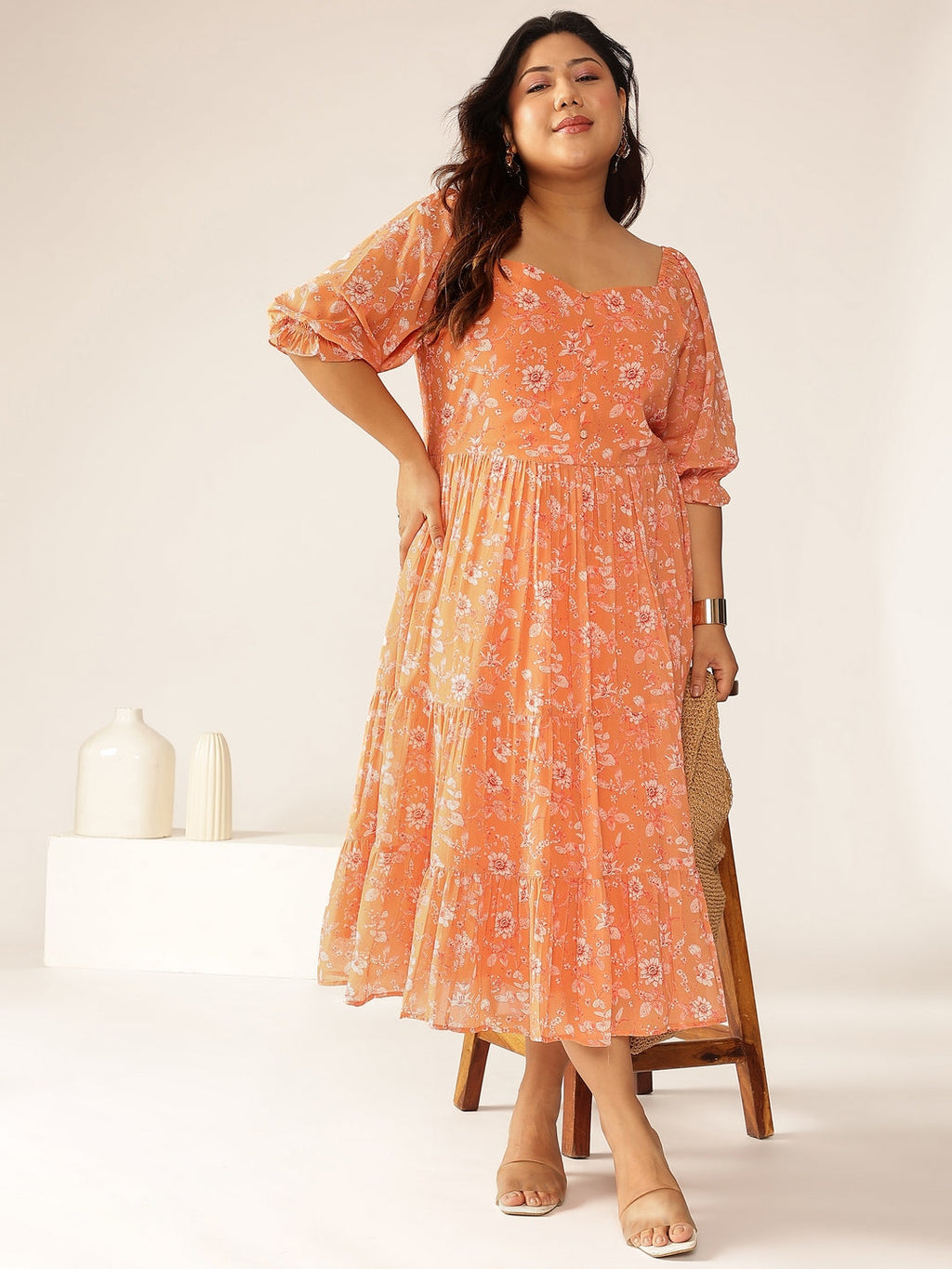 Janasya Bright Georgette Floral Tiered Dress - Distacart