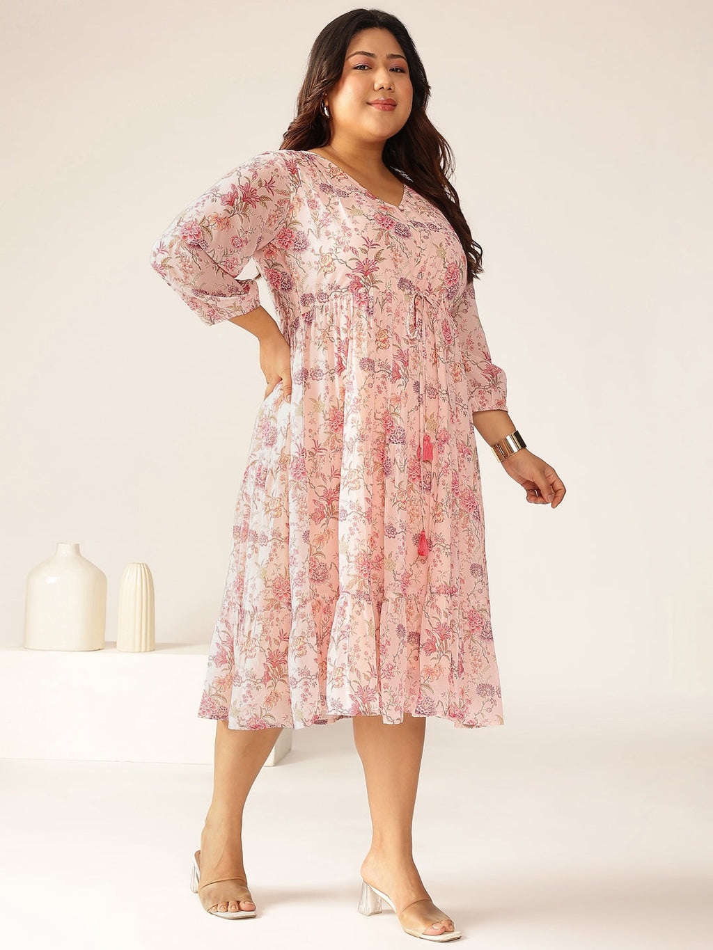 Janasya Light Georgette Floral Tiered Dress - Distacart