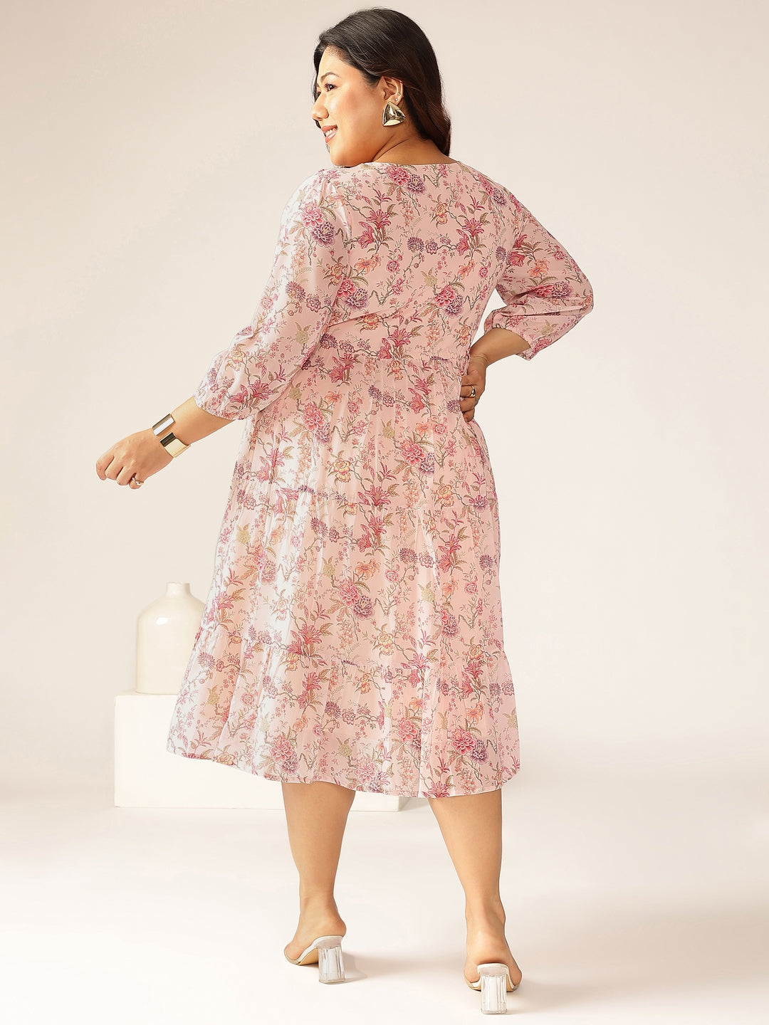 Janasya Light Georgette Floral Tiered Dress - Distacart
