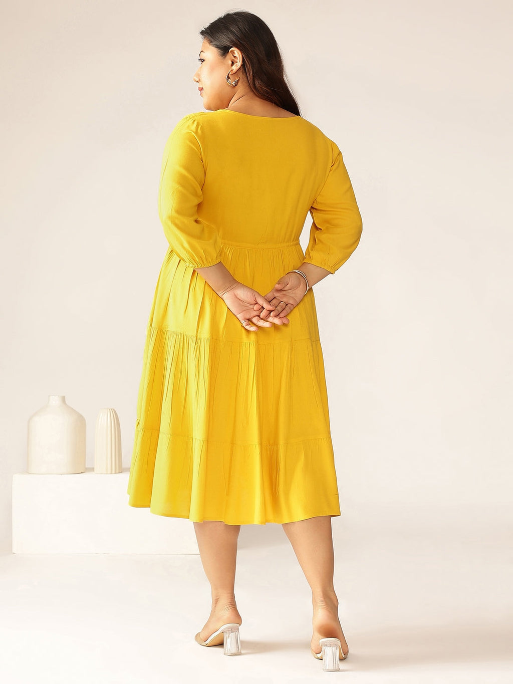 Janasya Dark Rayon Solid Tiered Dress - Distacart