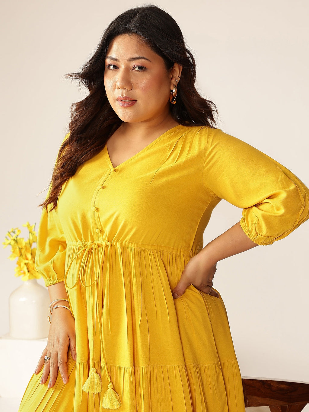 Janasya Dark Rayon Solid Tiered Dress - Distacart
