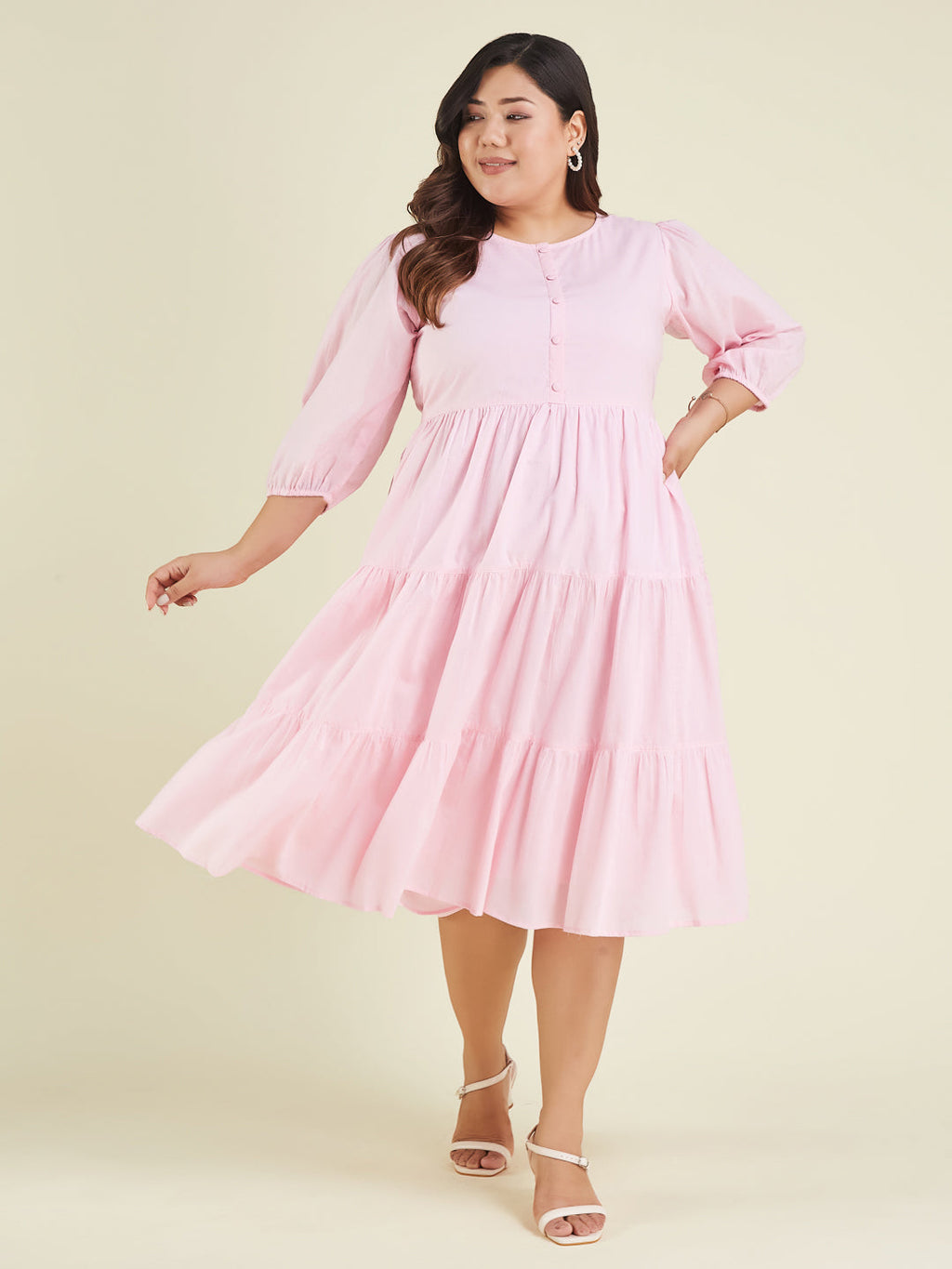 Janasya Cotton Solid Tiered Dress - Distacart