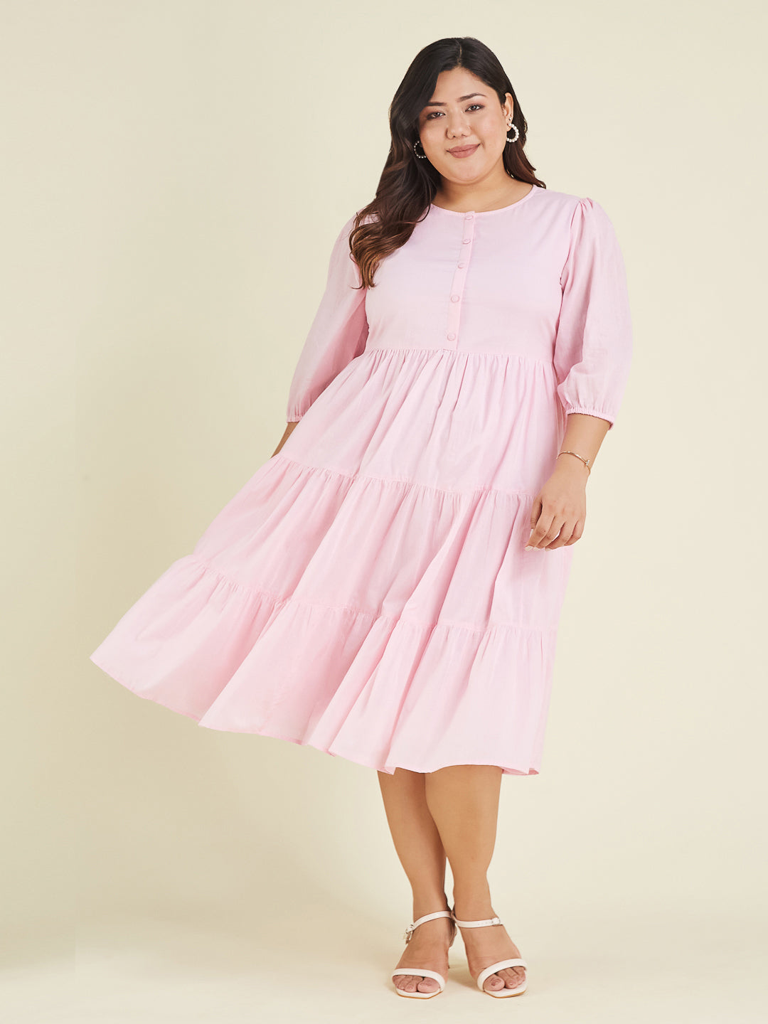 Janasya Cotton Solid Tiered Dress - Distacart