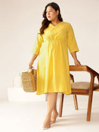 Janasya Bright Cotton Solid A-Line Dress - Distacart