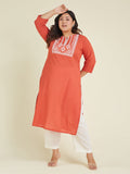 Janasya Dark Cotton Embroidered Straight Kurta - Distacart