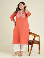 Janasya Dark Cotton Embroidered Straight Kurta - Distacart