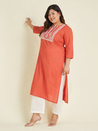 Janasya Dark Cotton Embroidered Straight Kurta - Distacart
