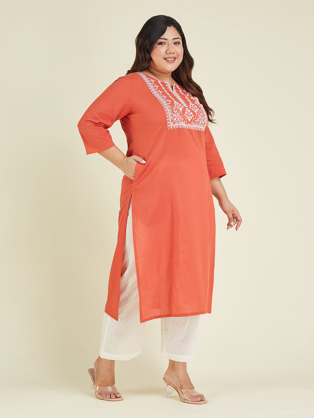 Janasya Dark Cotton Embroidered Straight Kurta - Distacart