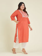 Janasya Dark Cotton Embroidered Straight Kurta - Distacart