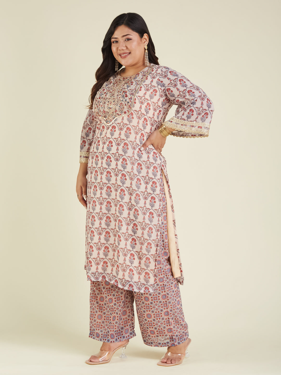 Janasya Light Georgette Yoke Embroidery A-Line Kurta Set - Distacart