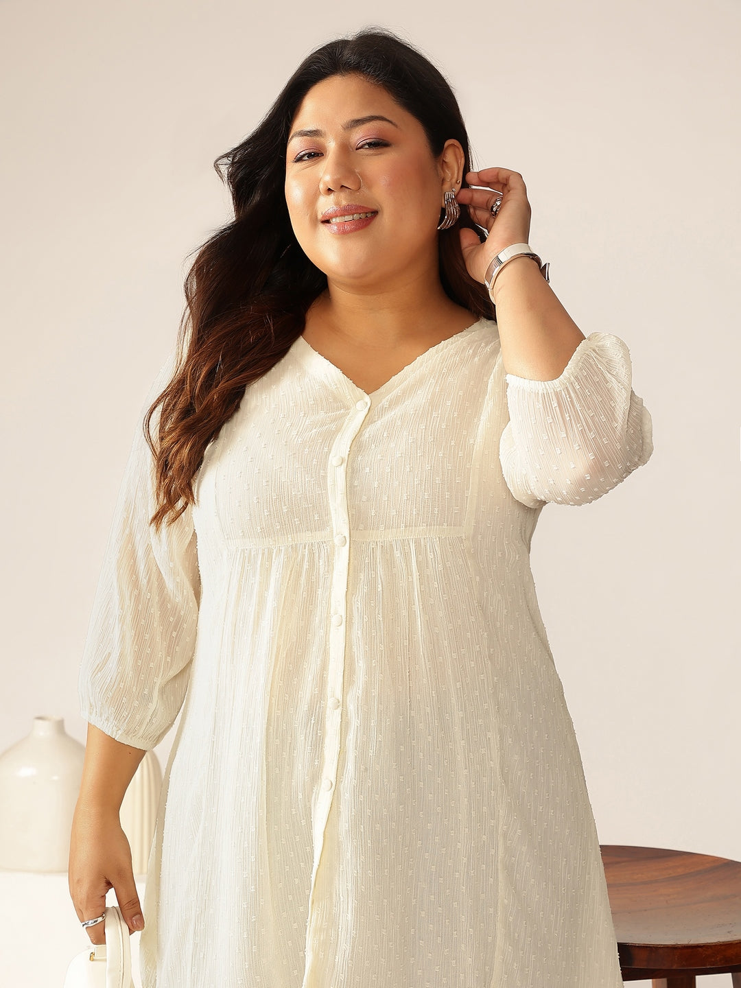 Janasya Light Dobby Chiffon Self Design A-Line Tunic - Distacart
