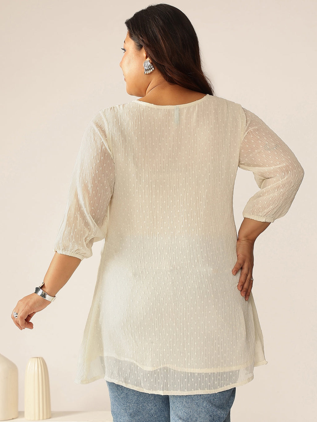 Janasya Light Dobby Chiffon Self Design A-Line Tunic - Distacart