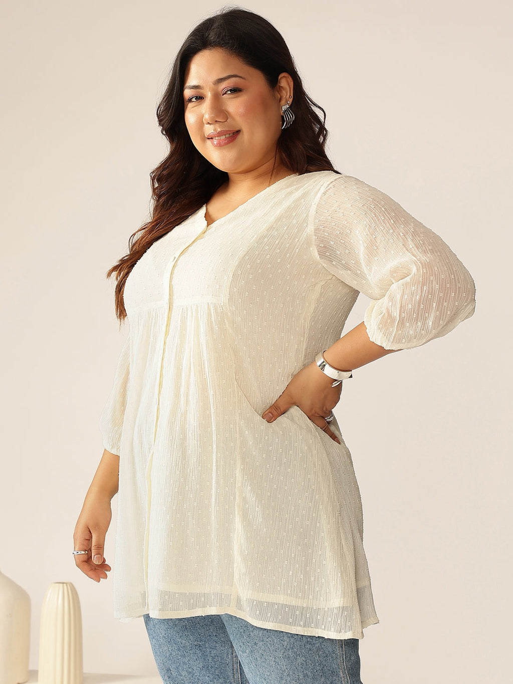Janasya Light Dobby Chiffon Self Design A-Line Tunic - Distacart