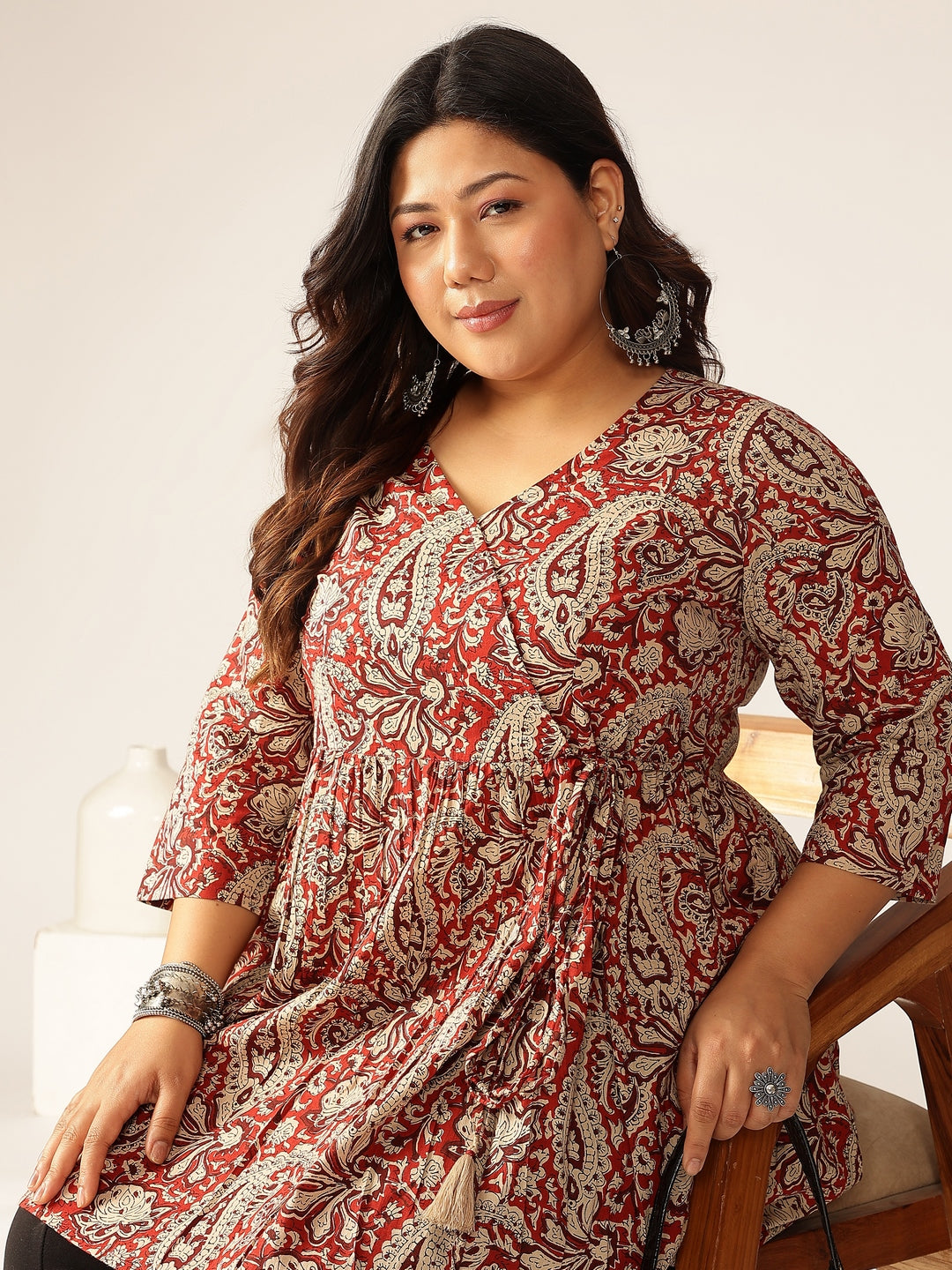 Janasya Dark Cotton Paisley Peplum Tunic - Distacart