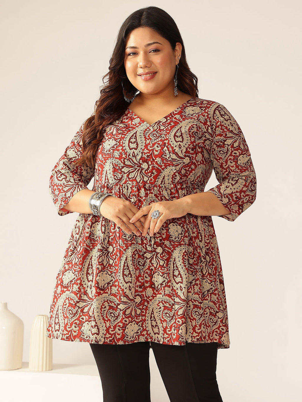 Janasya Dark Cotton Paisley Peplum Tunic - Distacart