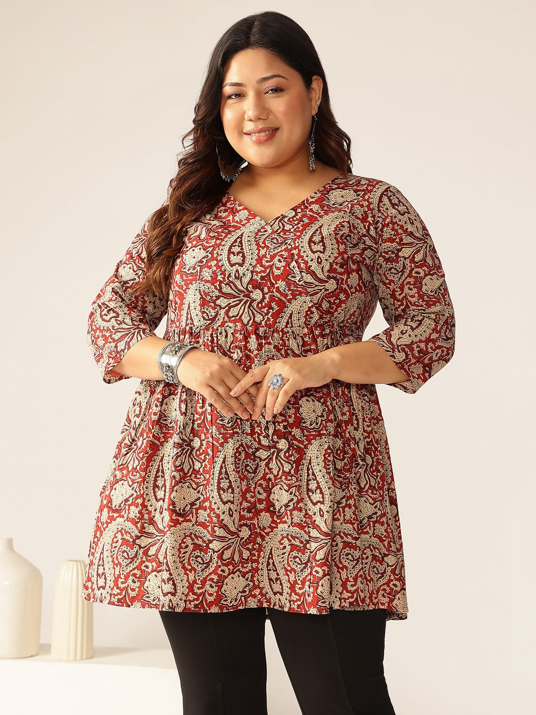 Janasya Dark Cotton Paisley Peplum Tunic - Distacart